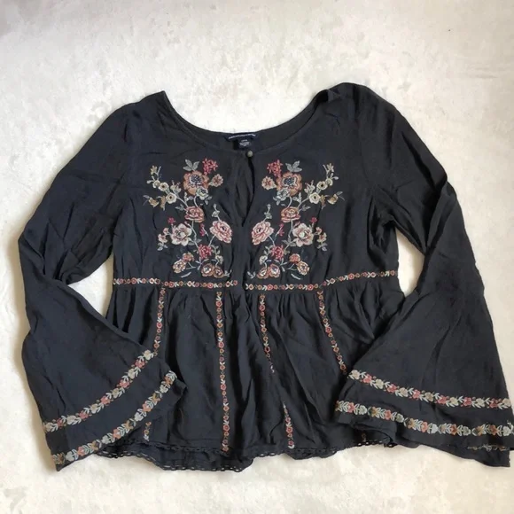 AEO Dark Grey Embroidered Floral Long Sleeve Blouse - Picture 1 of 4